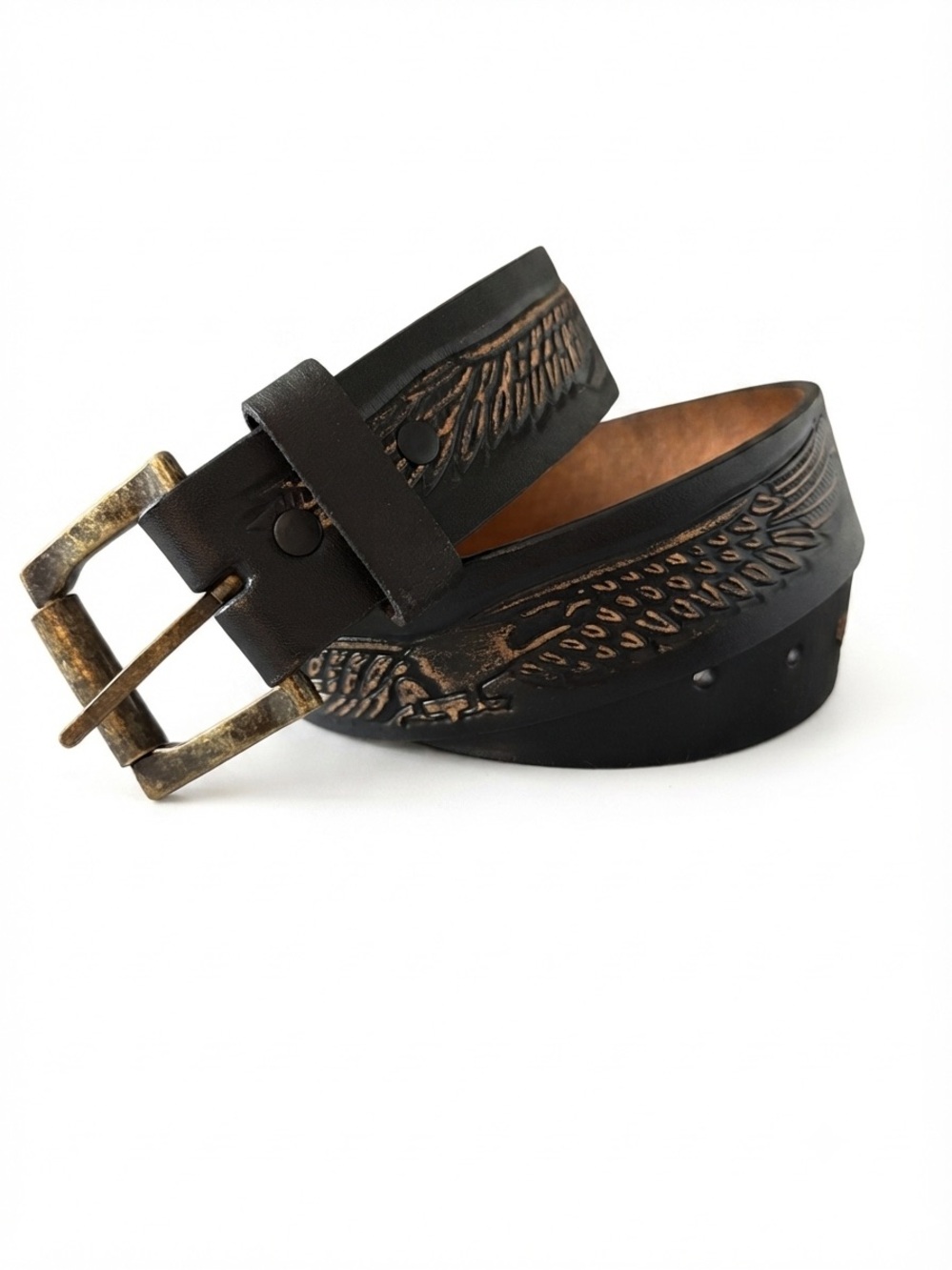 Vintage Tooled Leather Belt Antique Brass Buckle Western Biker Boho